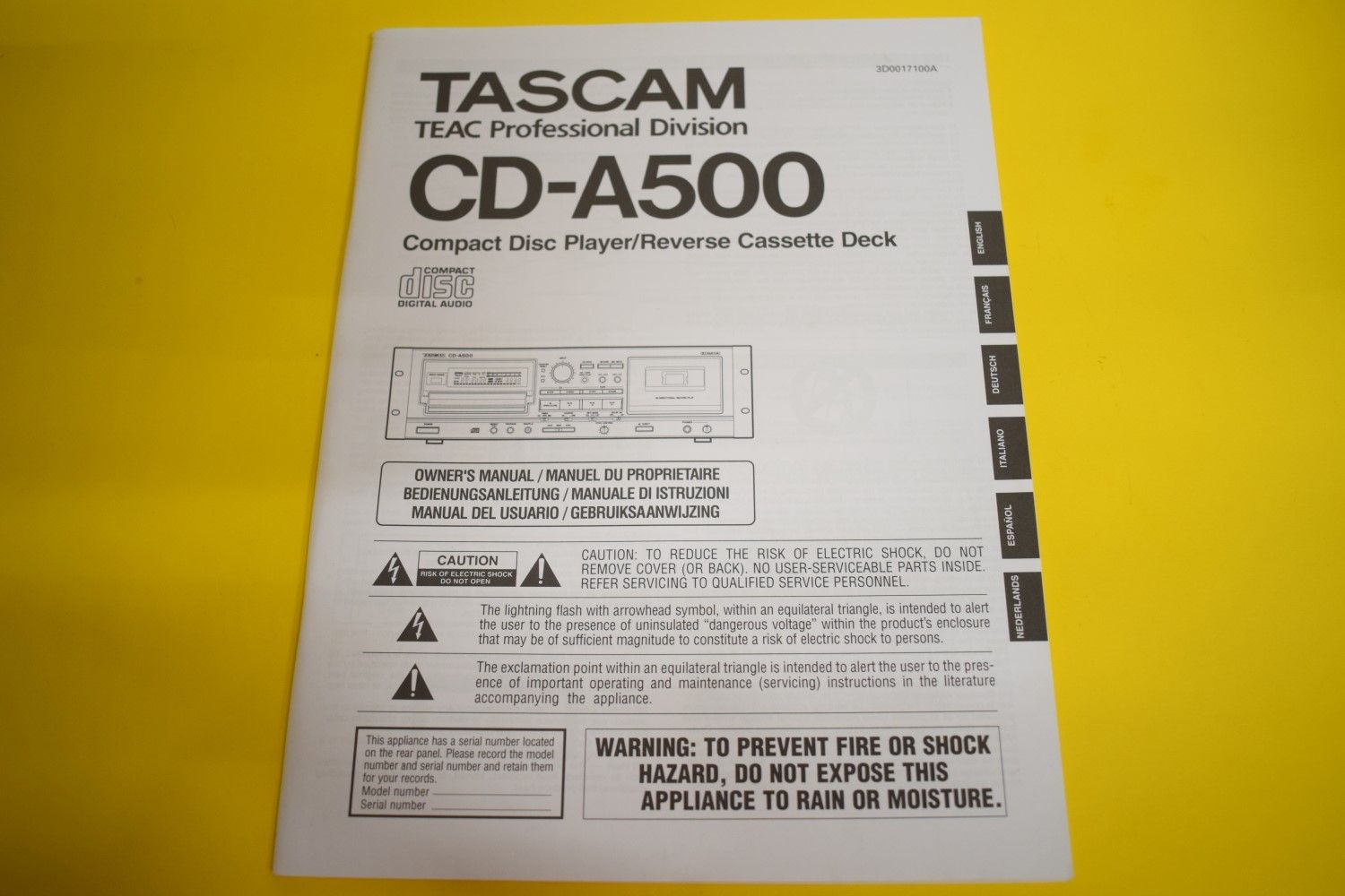 Tascam CDA500 CDPlayer/Cassettedeck combination Owner’s Manual